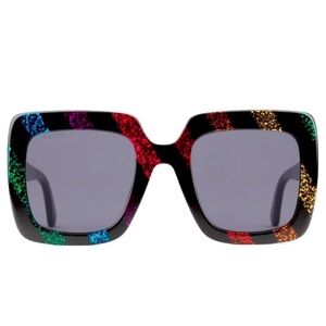 Gucci Black Square Sunglasses with Multicolor Glitter Stripes